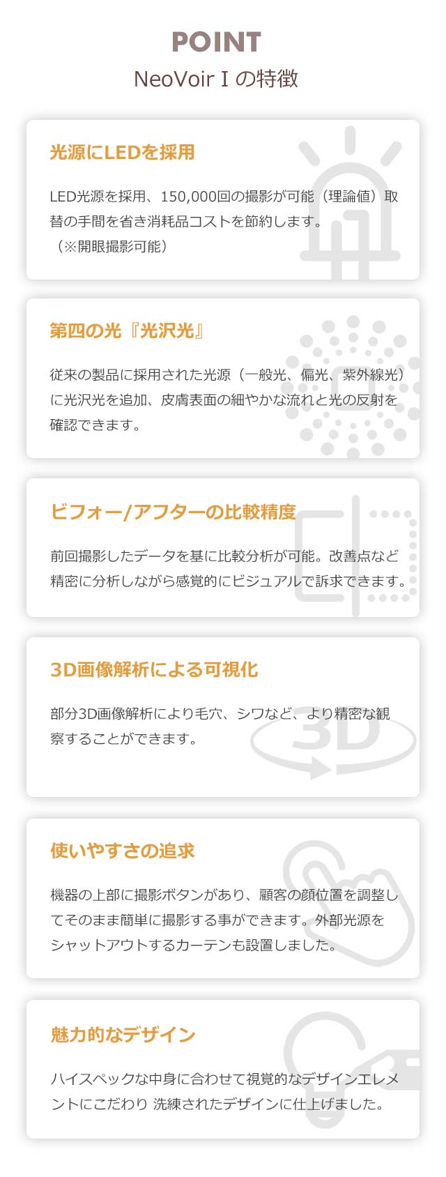 NeoVoirⅠの特徴。光源にLEDを採用、第四の光『光沢光』、ビフォー/アフターの比較精度、売上の向上、使いやすさの追求、魅力的なデザイン