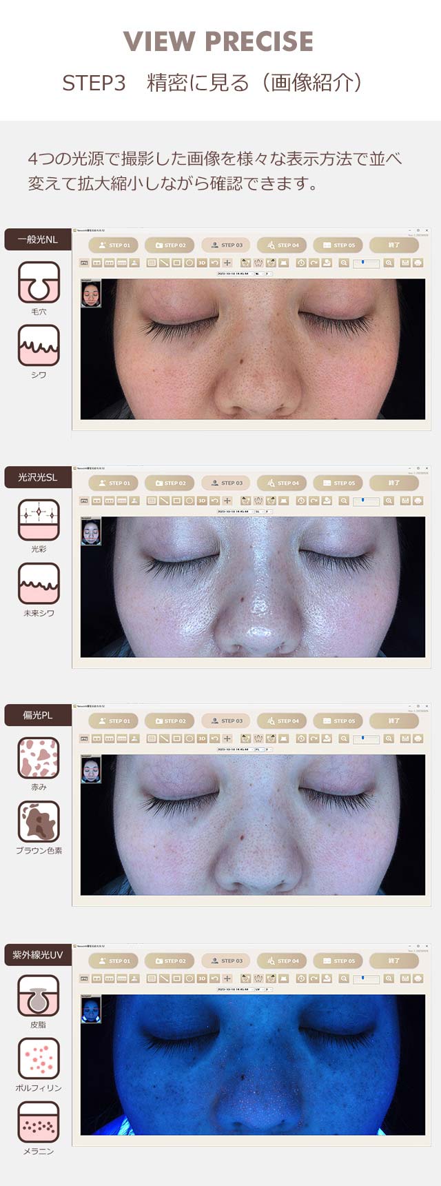 4つの光源で撮影した画像を様々な表示方法で並べ変えて拡大縮小しながら確認できます。